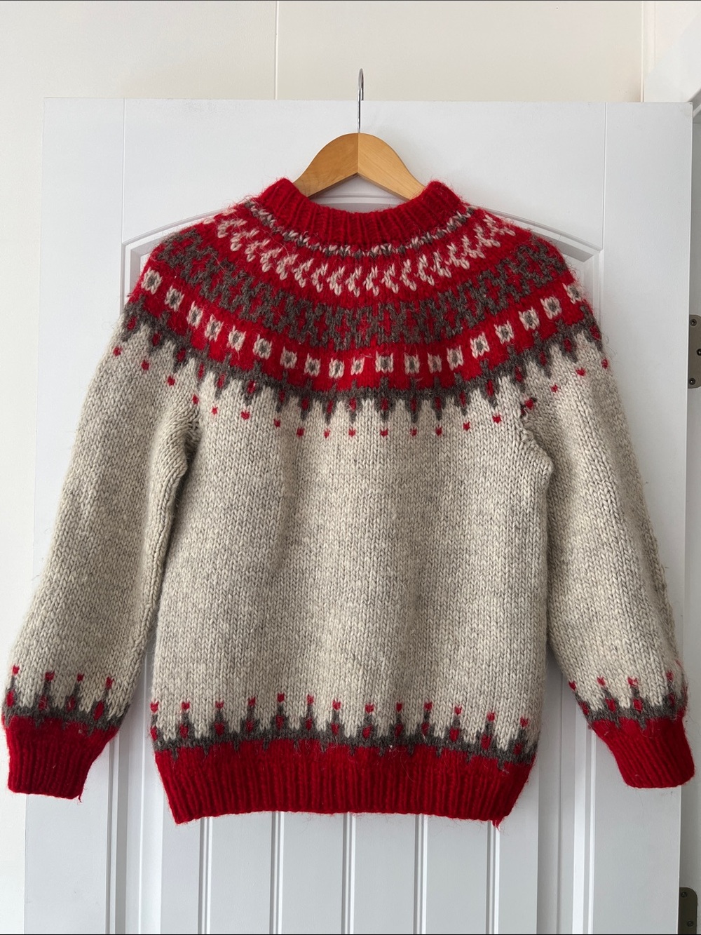 Handknit Nordic-Style Wool Sweater in Cream & Red